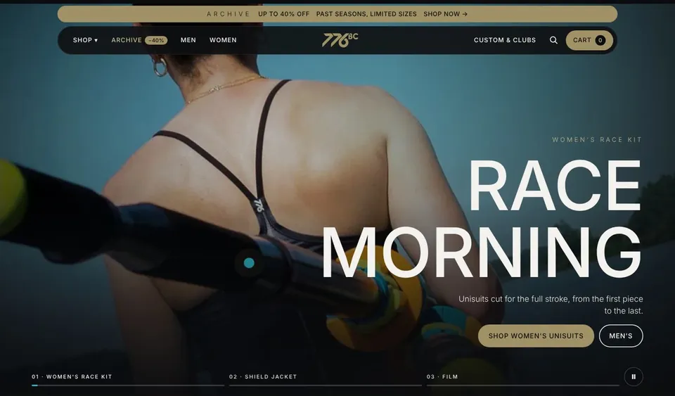 Propuesta para 776BC: portada oscura con una remadora de espaldas y el título RACE MORNING