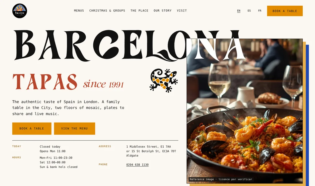 Después: propuesta para Barcelona Tapas, con el nombre en letra modernista, «Reservar mesa» arriba, horario y dirección a la vista