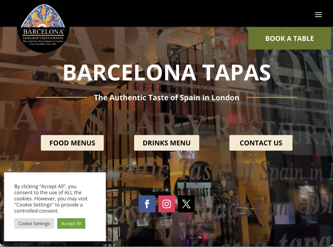 Antes: la portada actual de Barcelona Tapas, con una foto oscura, el nombre encima y tres botones de menú y contacto